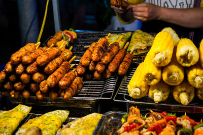 Street food on phu quoc island in vietnam. delicious seafood for tourist at market at night.