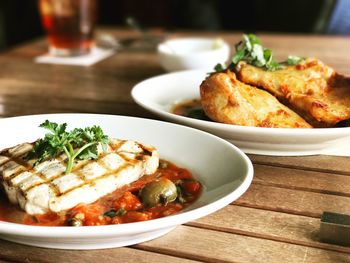 Close-up of meal served on table