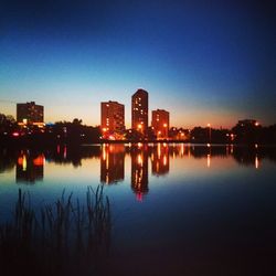 Reflection of illuminated buildings in water at night