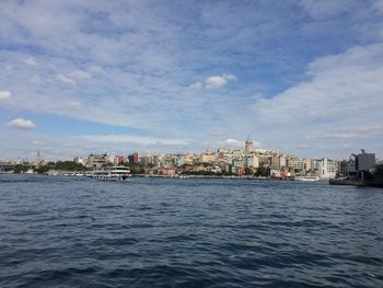 River in city against cloudy sky