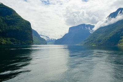 Scenic view of sea and mountains against sky