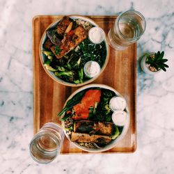 High angle view of food served on table