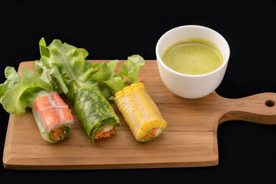 High angle view of food served on table