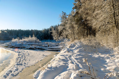 Scenic view of snow covered landscape against clear sky