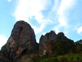 Low angle view of rock formations against sky