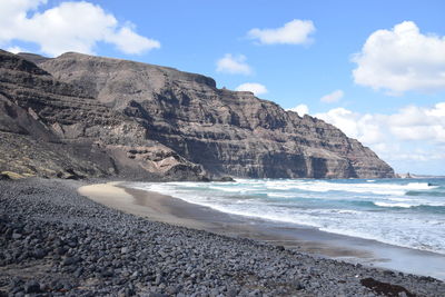 Scenic view of beach against rock mountains and sky