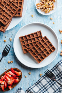 High angle view of dessert in plate on table