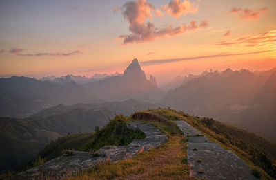 Scenic view of mountains during sunset