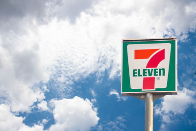 Low angle view of road sign against sky