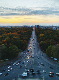 High angle view of traffic on road at sunset