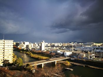 View of cityscape against cloudy sky