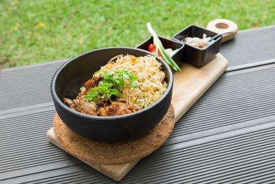 High angle view of food in bowl on table