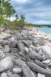 Scenic view of rocks on beach against sky