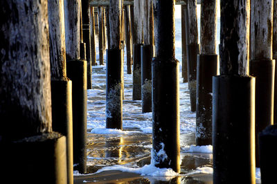 Close-up of wooden posts in sea
