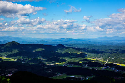 Aerial view of city against cloudy sky