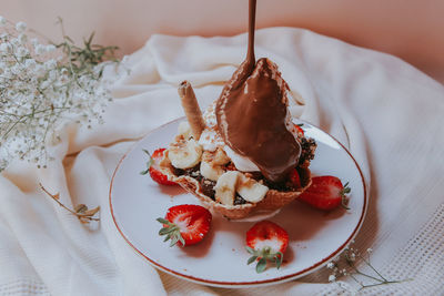 High angle view of dessert in plate on table