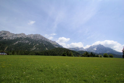 Scenic view of green landscape and mountains against sky