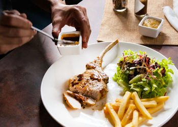 High angle view of food in plate on table