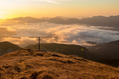 Scenic view of mountains against sky during sunset