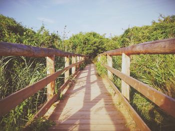 Wooden footbridge by river