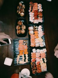 High angle view of sushi served on table