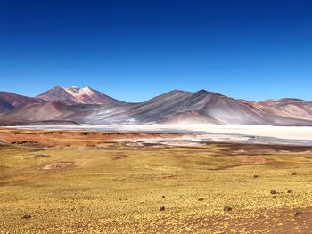 Scenic view of desert against clear blue sky