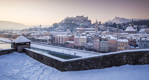 Snow covered townscape against clear sky