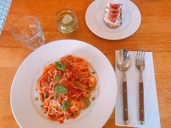 High angle view of food served on table