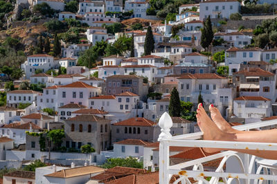 High angle view of townscape against buildings in town