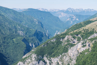 High angle view of valley and mountains against sky