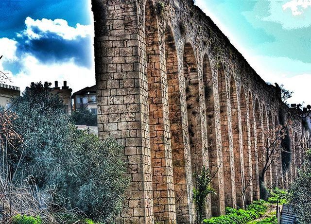 architecture, built structure, sky, tree, building exterior, history, cloud - sky, cloud, growth, low angle view, old, the past, day, sunlight, plant, no people, outdoors, nature, stone wall, tranquility