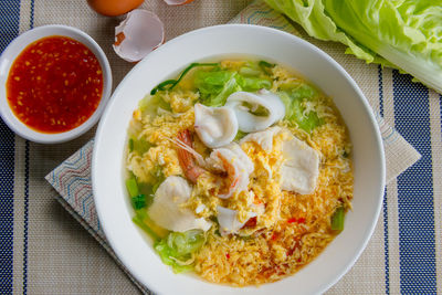 High angle view of salad in bowl on table