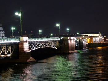 Illuminated bridge over water at night