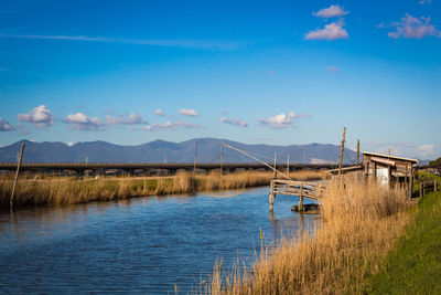 Scenic view of lake against blue sky