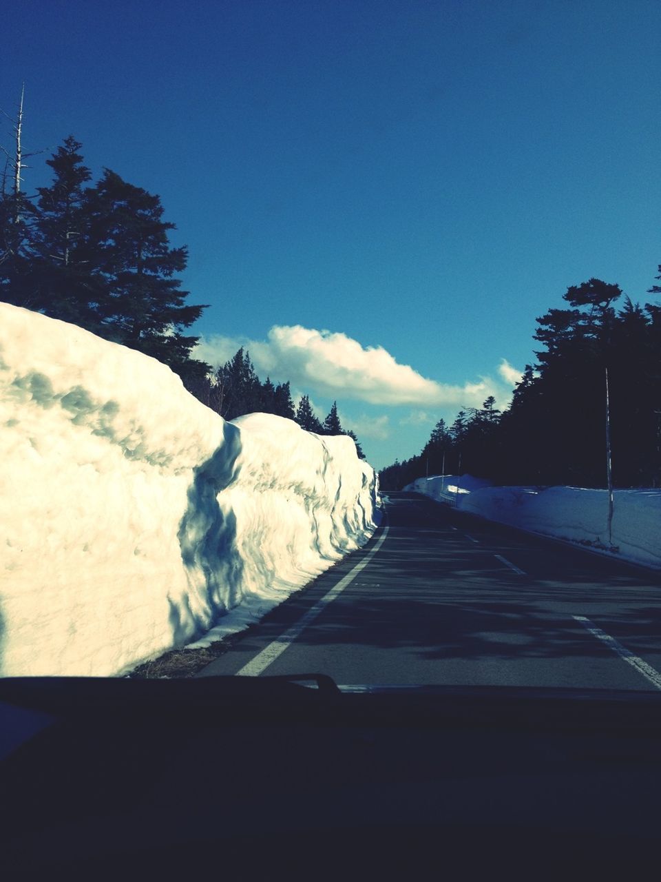 road, sky, the way forward, snow, blue, transportation, mountain, winter, clear sky, tree, cold temperature, copy space, nature, diminishing perspective, tranquil scene, tranquility, beauty in nature, scenics, outdoors, road marking