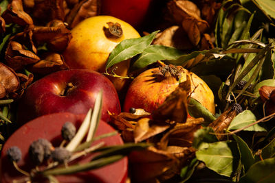 Christmas still life with red tones and fruit for background