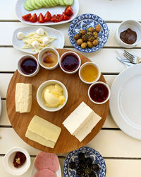 High angle view of breakfast on table