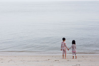 Rear view of siblings holding hands at beach