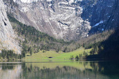 Scenic view of lake by snowcapped mountains