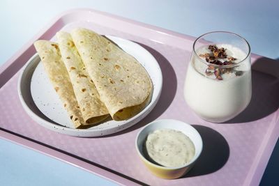 High angle view of breakfast on table