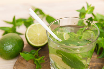 Close-up of mint leaves in glass on table