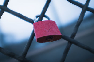 Close-up of padlock attached to chainlink fence