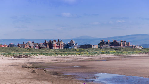 Scenic view of beach against blue sky