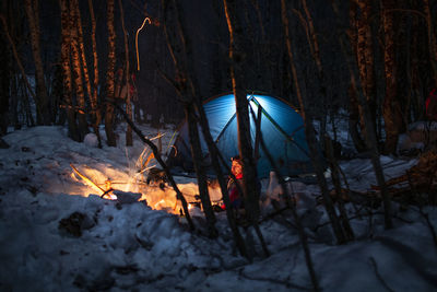 High angle view of bonfire in forest