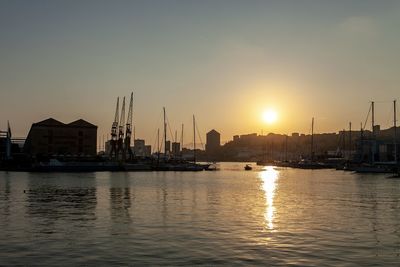 Sailboats in marina at sunset