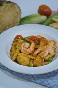 High angle view of seafood in plate on table