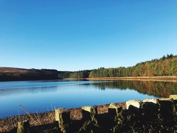 Scenic view of lake against clear blue sky