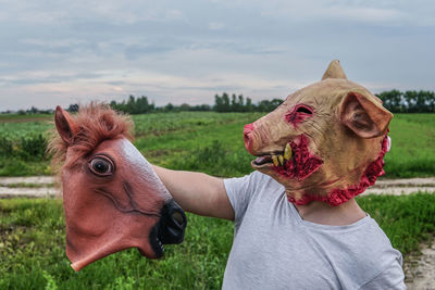 Portrait of tiger on field against sky