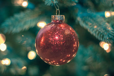 Close-up of ornament hanging on christmas tree