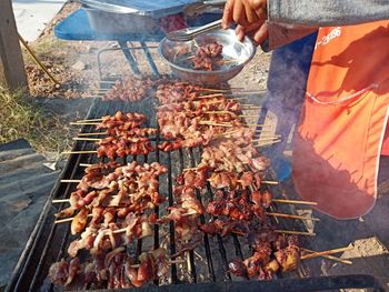 High angle view of food on barbecue grill